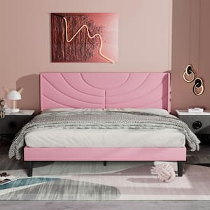 Upholstered Bed Pink Metal Frame Queen Platform Bed with Headboard Wood Slat Support