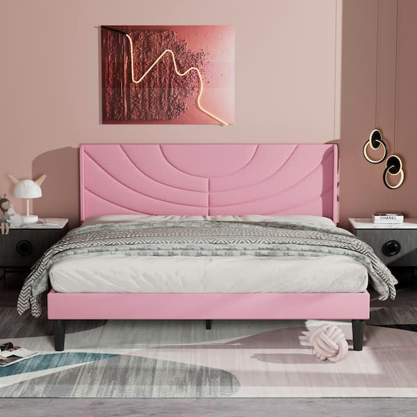VECELO Upholstered Bed Pink Metal Frame Queen Platform Bed with Headboard Wood Slat Support