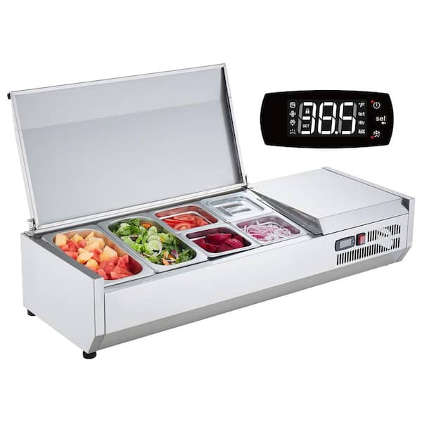 VEVOR Refrigerated Condiment Prep Station, 135 Watt Countertop with 2 1/3 Pans & 4 1/6 Pans 304 Stainless Body and PC Lid