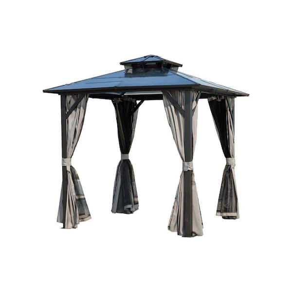 8 ft. x 8 ft. Gray Outdoor Metal Hardtop BBQ Gazebo with UV-Resistant Polycarbonate Roof and Storage Hooks