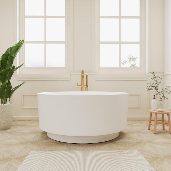 Orvia 49 in. x 49 in. Solid Surface Freestanding Round Bathtub Stone Resin Soaking Tub in Matte White