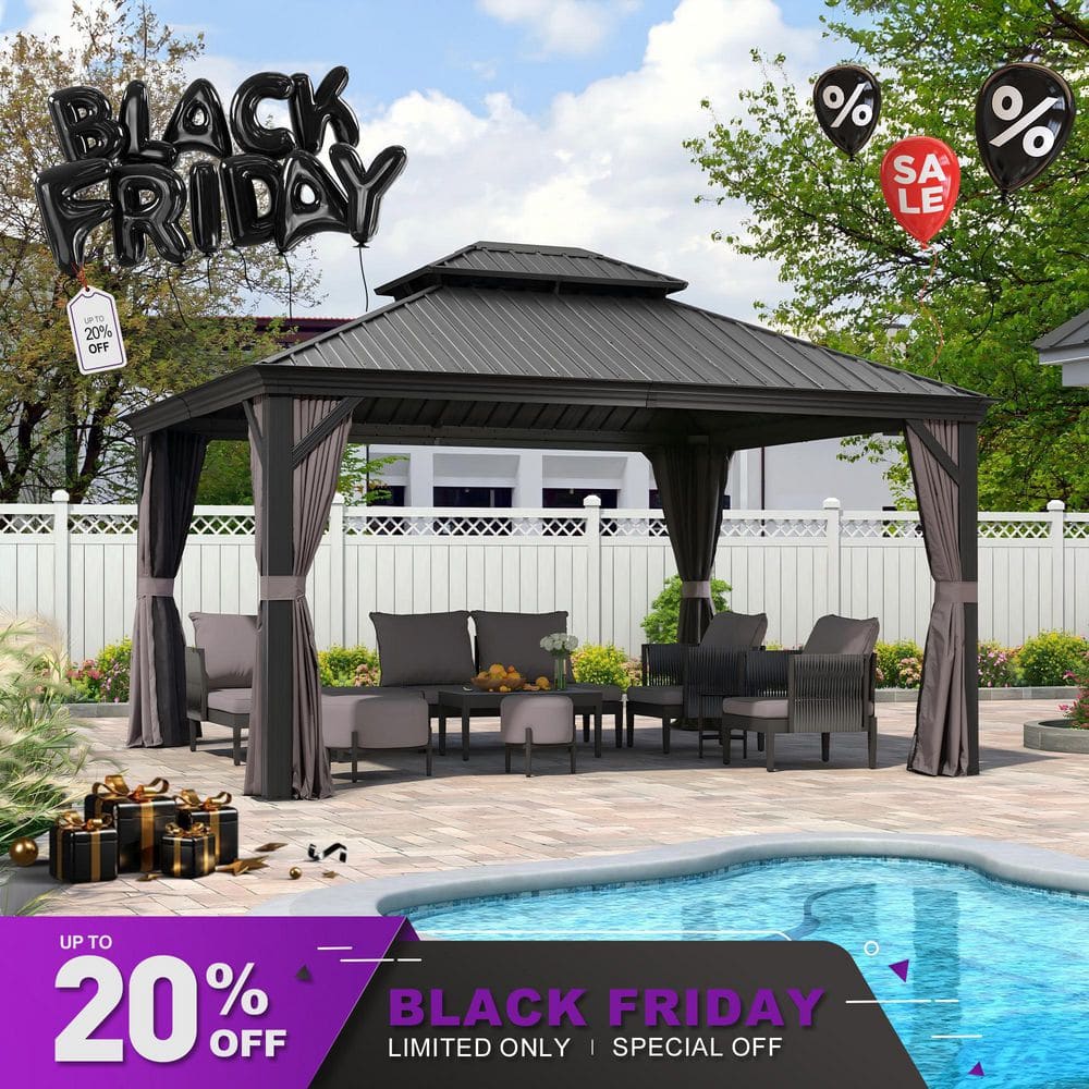 12 ft. x 14 ft. Luxury Patio Outdoor Gazebo for Backyard Hardtop Aluminum Frame with Netting, Hooks, Upgrade Curtain price history on PriceWatchPro