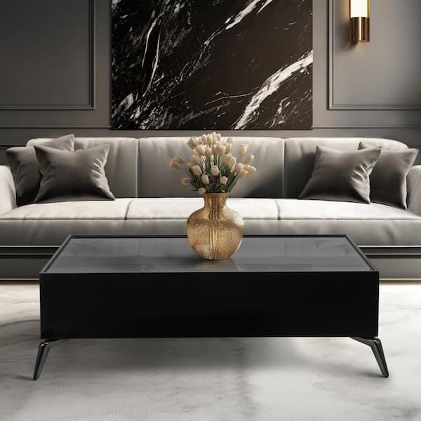 47 in. Black Rectangle Glass Top Modern Solid Coffee Table