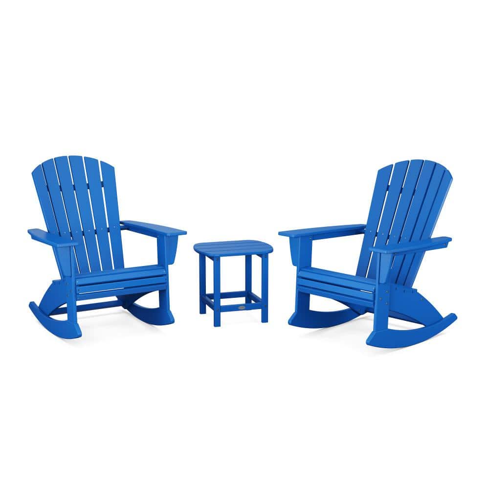 POLYWOOD Nautical Curveback Adirondack Rocking Chair Pacific Blue 3-Piece HDPE Plastic Patio Conversation Set -  PWS2204-1-PB