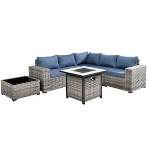 Crater Gray 7-Piece Wicker Wide-Plus Arm Outdoor Patio Conversation Sofa Set with a Fire Pit and Denim Blue Cushions