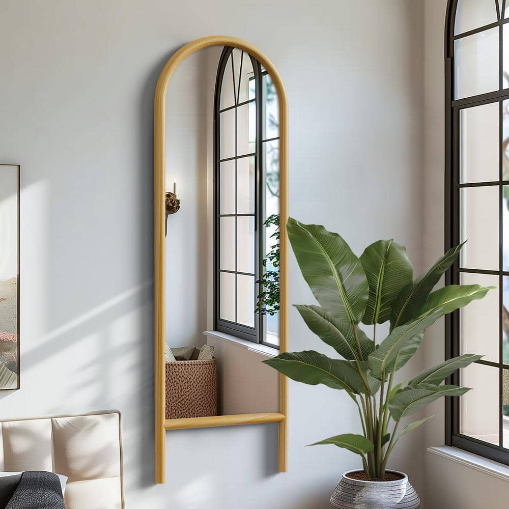 21 in. W x 64 in. H Ladder-Style Arched Solid Wood Framed Mirror in Brown
