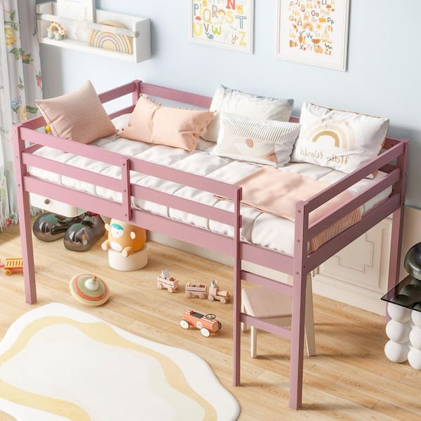 Pink Twin Size Wood Loft Bed with Ladder and Strengthened Slats
