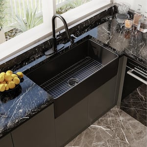 Black Fireclay 36 in. Single Bowl Farmhouse Apron Kitchen Sink with Pull Down Kitchen Faucets and Accessories