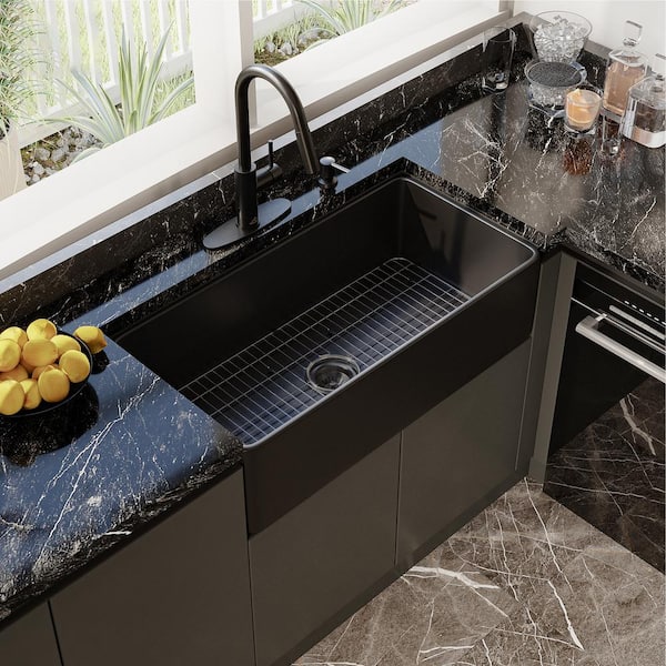 CASAINC Black Fireclay 33 in. Single Bowl Farmhouse Apron Kitchen Sink with Sprayer Kitchen Faucet and Accessories, 33 in. Matte Black Fireclay