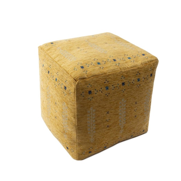 Unbranded Kian Mustard Yellow/Blue 18 in.  x 18 in.  Cube Polyester Blend Bohemian Turkish Border Ultra-Soft Pouf