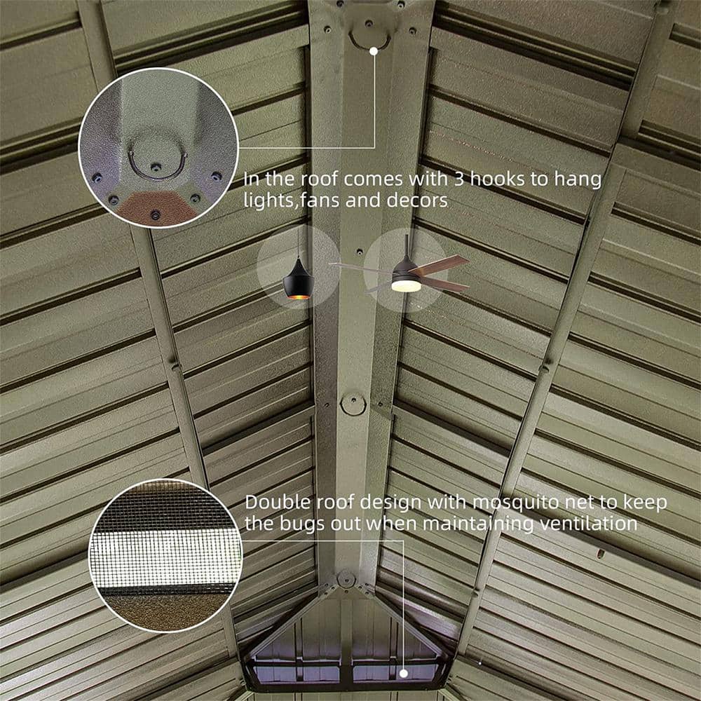 Mondawe 12'x20' Brown Aluminum Hardtop Patio Gazebo with Curtains