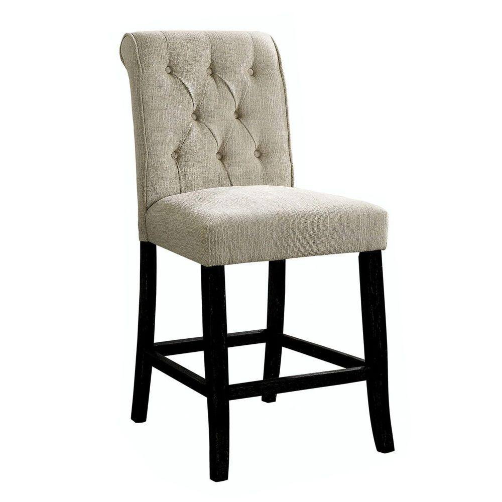 Ivory Cream Chenille and Bold Black Wooden Counter Height Chair, Set of 2