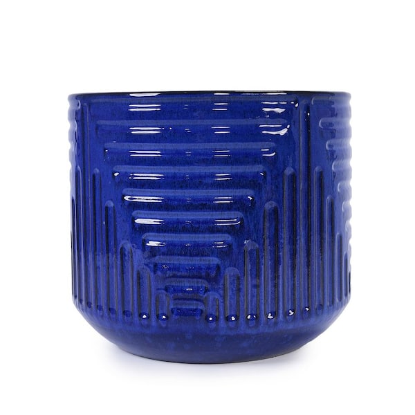Dashiell Large Dark Blue Ceramic Patio Outdoor Planter with Drainage Holes (16.14 in. W x 14.37 in. H)
