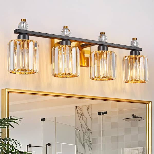 Home Lighting 28.34 in. 4-Light BlackGold Round Modern Crystal Vanity Light Fixtures Over Mirror For Bathroom (JW-291)