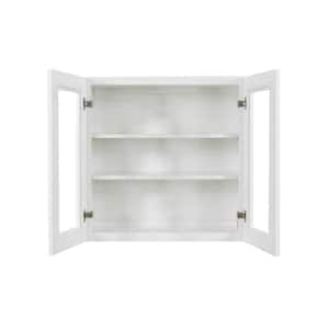 Lancaster White Plywood Shaker Stock Assembled Wall Glass Door Kitchen Cabinet 24 in. W x 30 in. H x 12 in. D
