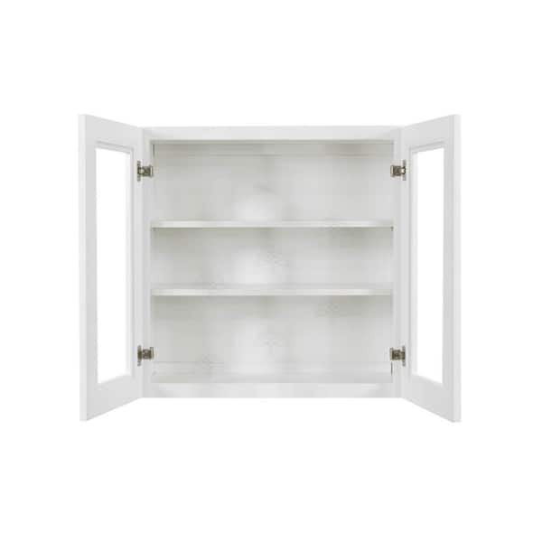 Lancaster White Plywood Shaker Stock Assembled Wall Glass Door Kitchen Cabinet 27 in. W x 30 in. H x 12 in. D