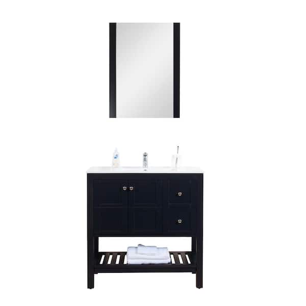 Unbranded Manhattan 36 in. W x 18 in. D Bath Vanity in Black with Ceramic Vanity Top in White with White Basin and Mirror