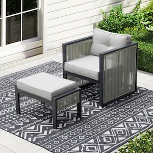 Gray PE Wicker Armchair Outdoor Lounge Chair with Gray Cushion and Ottoman