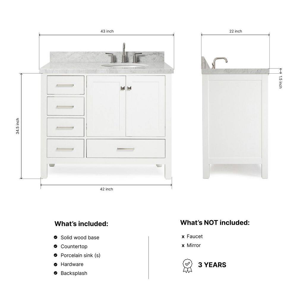 Cambridge 43" White Marble Top Single Basin Vanity