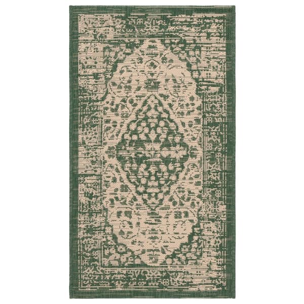 Courtyard Beige/Dark Green 2 ft. x 4 ft. Medallion Floral Border Indoor/Outdoor Area Rug
