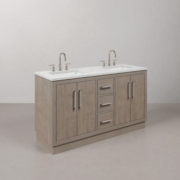 Hugo 60 in. W x 22 in. D Bath Vanity in Grey Oak with Marble Vanity Top in White with White Basin and Gooseneck Faucet