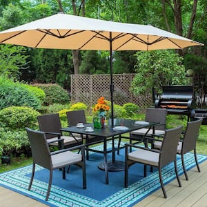 Black 8-Piece Metal Slat Rectangle Table Patio Outdoor Dining Set with Beige Umbrella, Rattan Chairs with Beige Cushion