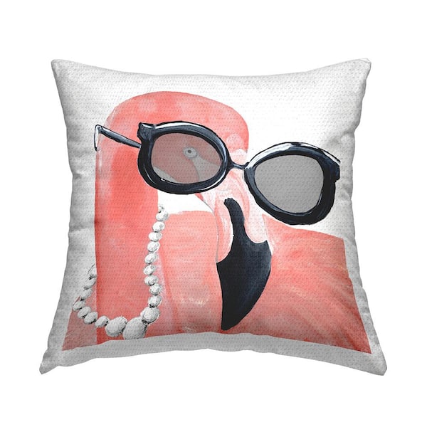 Stupell Industries Glam Fashion Pink Flamingo Sunglasses Pearls Bird Black Square Outdoor Throw Pillow
