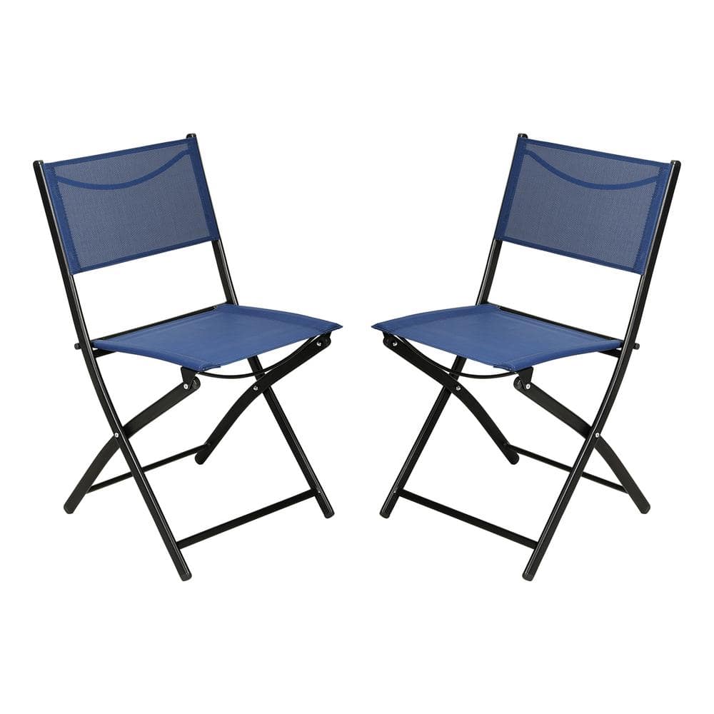 Black Steel Outdoor Lounge Chair in Blue (Set of 2)