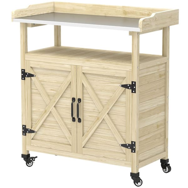 33.9 in. W x 37.4 in. H Natural Wood Outdoor Potting Bench, Wooden Potting Table with Storage Cabinet, Aluminum Top