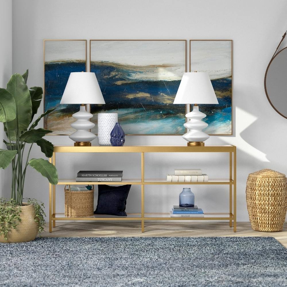 Evelyn & Zoe 64" Brass-Tempered Glass Console Table with Storage