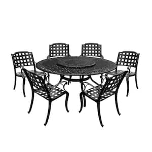 Black 7-Piece Aluminum Round Mesh Outdoor Dining Set with 6-Chairs