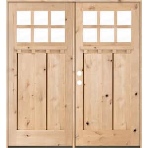 72 in. x 80 in. Craftsman Knotty Alder 6-Lite Clear Unfinished Wood/Dentil Shelf Right Active Double Prehung Front Door