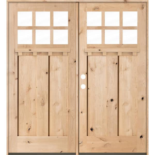 Krosswood Doors 72 in. x 80 in. Craftsman Knotty Alder 6-Lite Clear Unfinished Wood/Dentil Shelf Right Active Double Prehung Front Door