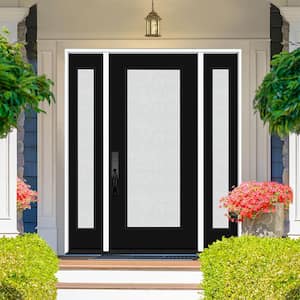 Legacy 68 in. x 80 in. Full Lite Rain Glass RHIS Primed Black Finish Fiberglass Prehung Front Door with Dbl 14 in. SL