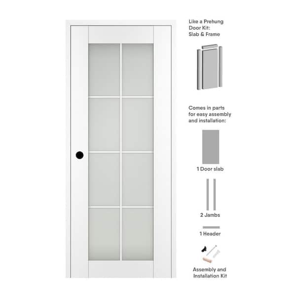 Paola 8-Lite 36 in. x 96 in. Right-hand Frosted Glass Bianco Noble Composite Solid Wood Single Prehung Interior Door