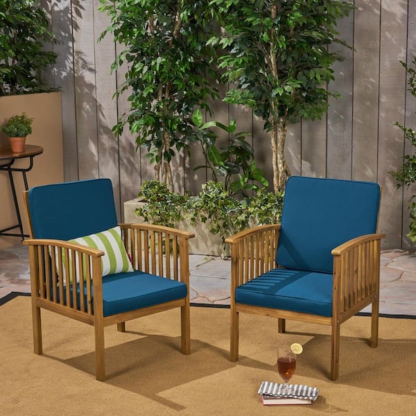 Brown Patina Finish Hand Crafted Acacia Wood Outdoor Lounge Chair (Set of 2) in Dark Teal Cushions