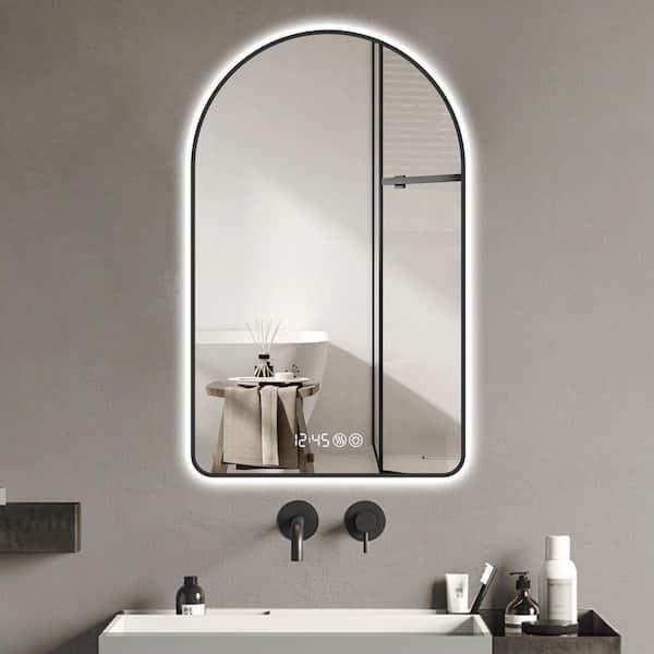 28 in. W x 48 in. H Arched Aluminium Framed Dimmable LED Backlight Anti-Fog Wall Bathroom Vanity Mirror in Black w/ Time