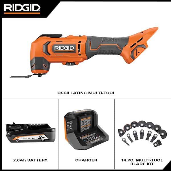 RIDGID 18V Cordless Oscillating Multi-Tool w/ 2.0 Ah Battery, Charger, and  14-Piece Oscillating Multi-Tool Blade Accessory Kit R86241K-AC24J14 The  Home Depot