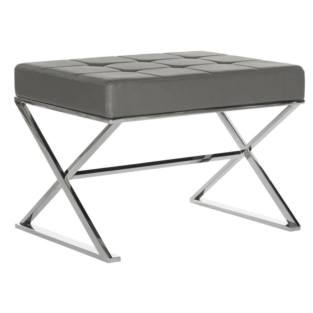 Transitional Micha Round Ottoman in Gray with Silver Stainless Steel