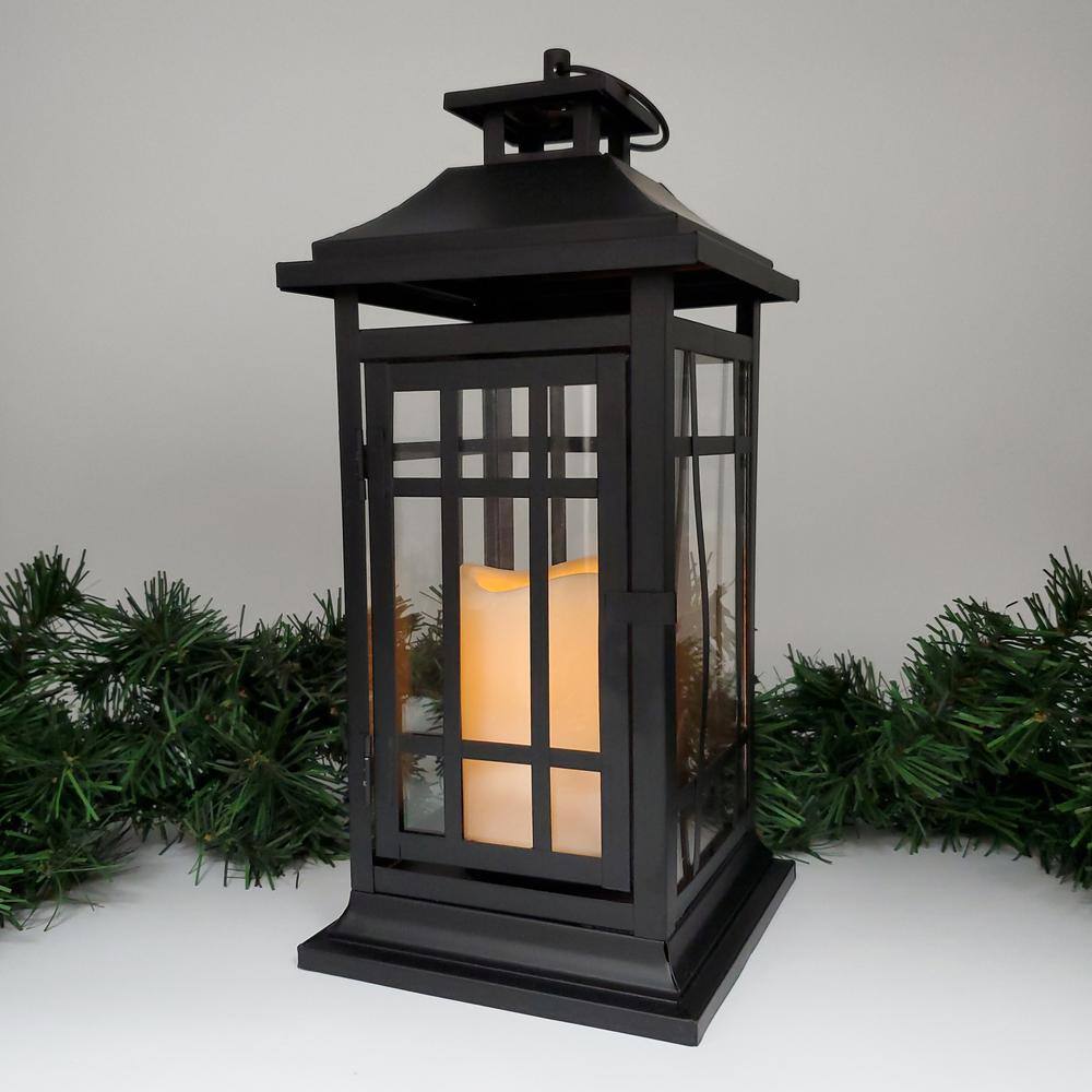 14" Black Metal Lantern with Amber LED Candle