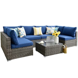 Maire Gray 7-Piece Wicker Outdoor Patio Conversation Sofa Seating Set with Navy Blue Cushions