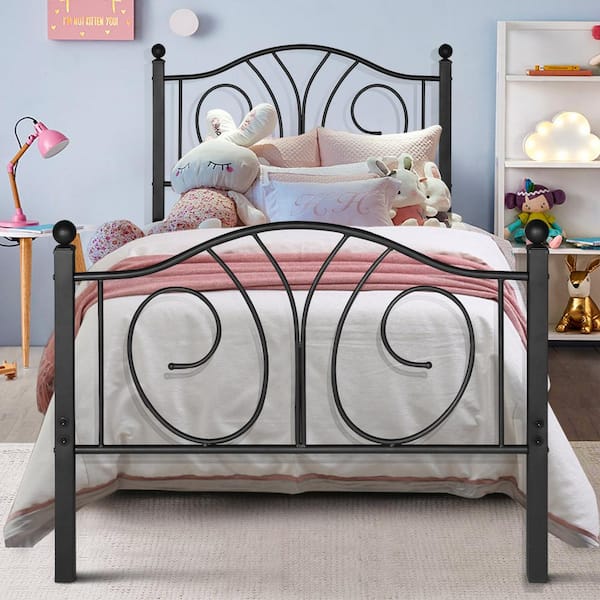Black Twin Size Metal Platform Bed Frame/Mattress Foundation with Deluxe Headboard and Footboard, No Box Spring Needed