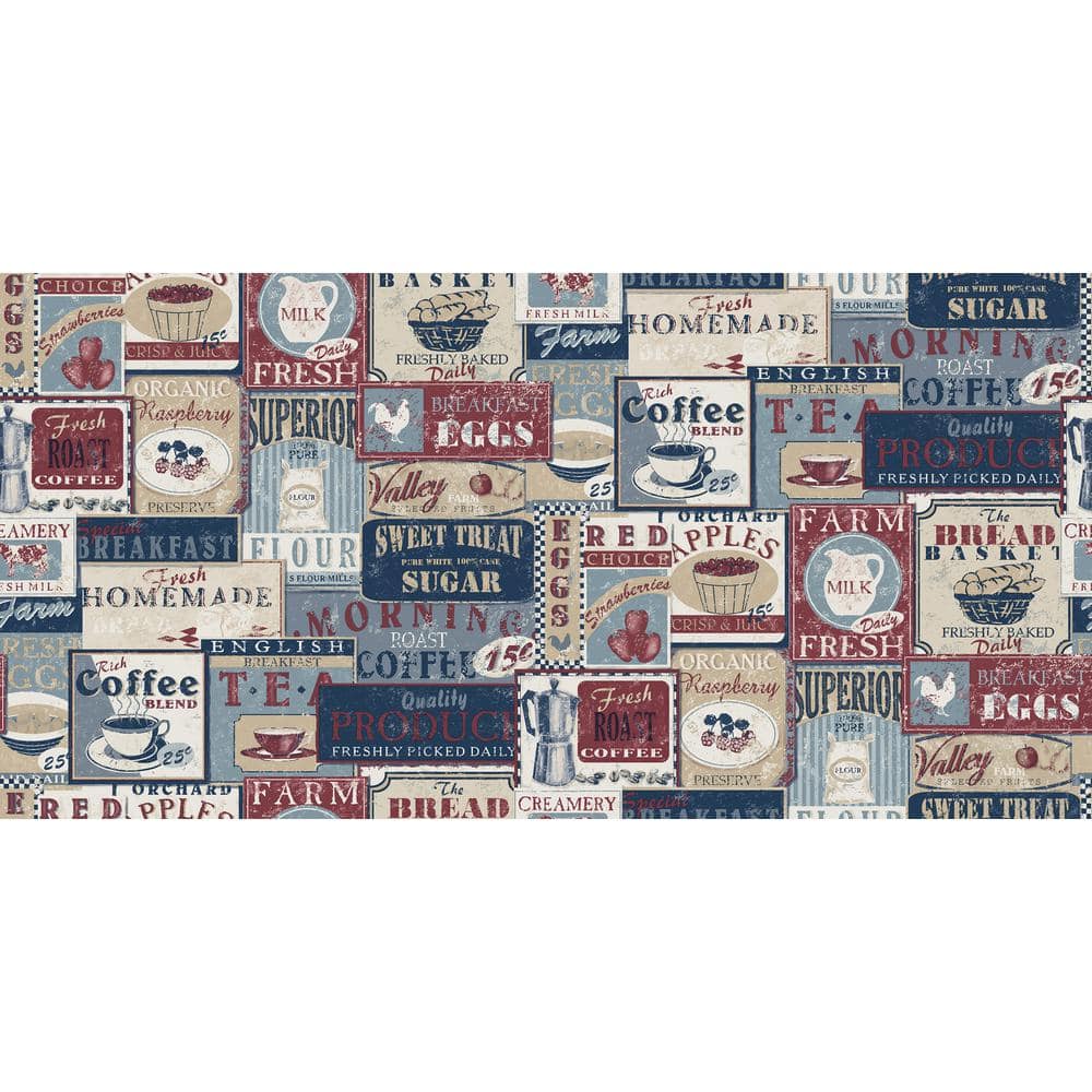 Blue, Red and Beige Colors Kitchen Recipes Coffee and Tea Labels Wallpaper