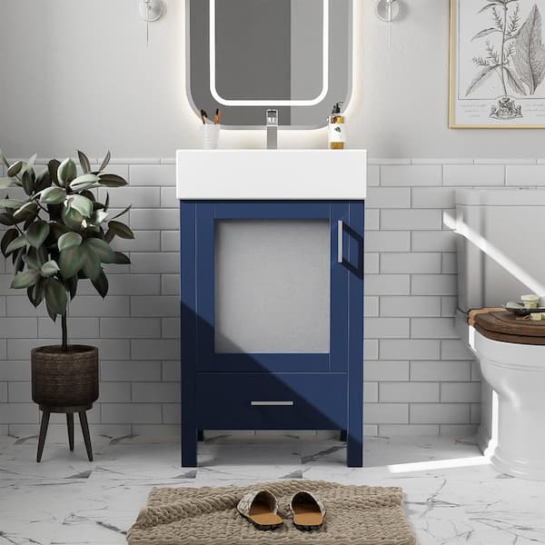 20 in. W Small Single Sink Freestanding Blue Solid Wood Frame Bath Vanity with White Ceramic Top, Unassembled