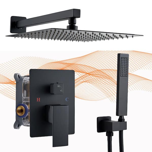 Unbranded Rain Square Single Handle 1-Spray Shower Faucet 1.8 GPM with High Pressure 12 in. Shower Heads System in Matte Black