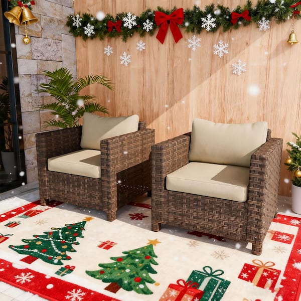 Patio Brown Wicker Outdoor Lounge Chair with Beige Cushions (2-Pack)