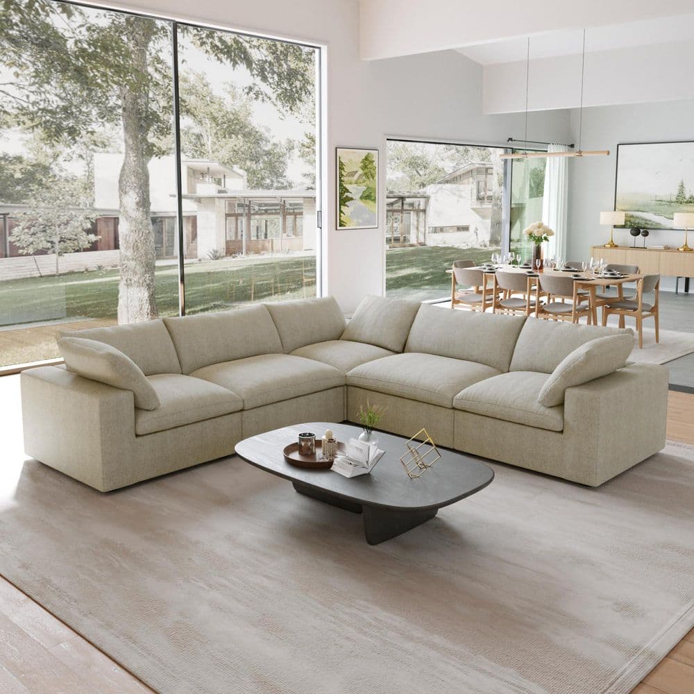 120 in. Square Arm Linen Deep Seat L Shaped 5-Piece Sectional Sofa in Light Brown with Removable Covers for Living Room