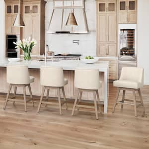 Hampton 26 in. Solid Wood Beige Swivel Bar Stools with Back Linen Fabric Upholstered Counter Bar Stool Set of 4