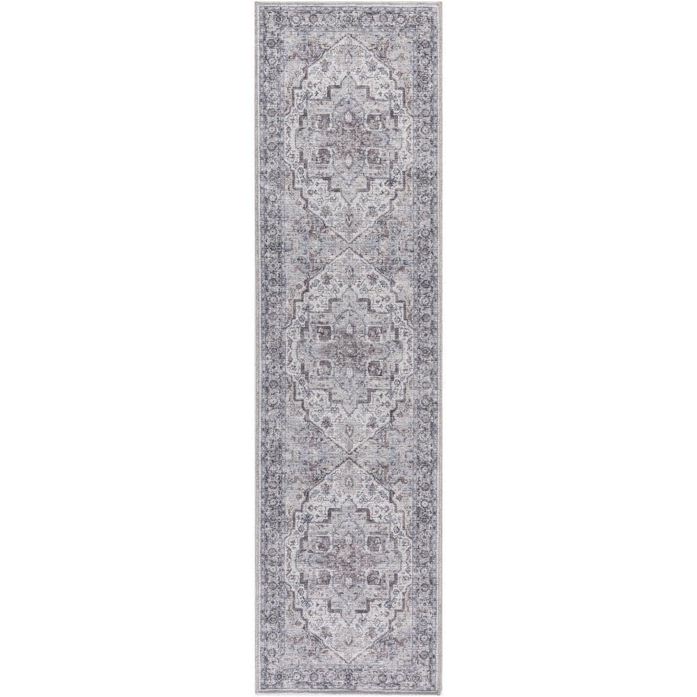 Machine Washable Series 1 Ivory Beige 2 ft. x 8 ft. Distressed Traditional 