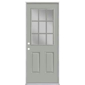 32 in. x 80 in. 9 Lite Silver Cloud Right-Hand Inswing Painted Smooth Fiberglass Prehung Front Door with No Brickmold